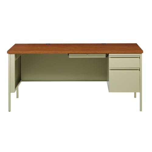 Hirsh Right-Hand Single Pedestal File Office Desk with Center Drawer, 30" D x 66" W, Putty / Oak